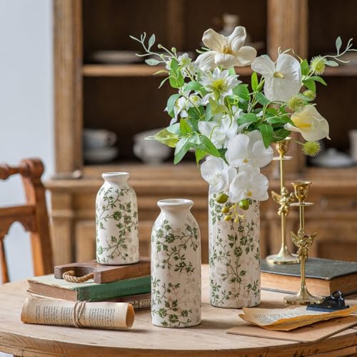 Teweiqi Vintage Vase Set of 3, Ceramic Flower Vases Chinoiserie Decor, Rustic Farmhouse Vases Retro Decorative Vases, for Home Living Room Kitchen Table Mantle Shelf Decor - Green and White - color: Green and White, size: set of 3