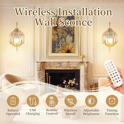 Battery Operated Wall Sconces Set of 2, Amber Tulip Glass Wall Lights | Rechargeable flower wall lamps with remote control, 15 colors, 10-level dimming and timer for bedroom and living room - color: Amber Tulip