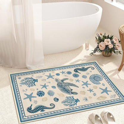 Coastal Nautical Rug 2x3 for Entryway Sea Turtle Starfish Ocean Seashell - color: Coastal, size: 2' x 3' (Rectangular)