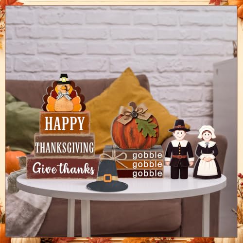 11 Pcs Fall Thanksgiving Table Decoration Farmhouse Tiered Tray Decor Wooden Turkey Pilgrim Couple Table Signs for Autumn Thanksgiving Harvest Party Home Kitchen Shelf - style: Thanksgiving