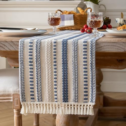 Caflife Blue and Beige Woven Rustic Boho Table Runner 108 Inchs Long - color: Blue, size: 13x108Inch
