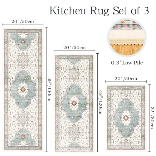 Boho Kitchen Rug Set of 3, Non-Slip Washable Water Green Kitchen Mat - color: Water Green, size: 20"x32"+20"x48"+20"x59"