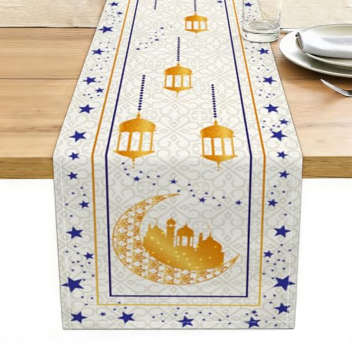 Ramadan Eid Mubarak Table Runner, Golden Crescent Moon Lantern Decorative - color: Muslim Holiday