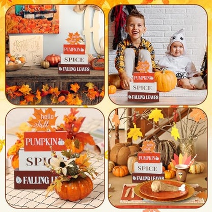 4 Pcs Thanksgiving Fall Decor Wooden Table Centerpieces Fall Maple Leaf Block Sign Decorations for Home Wooden Tiered Tray Decor for Tabletop Autumn Harvest Party Home Kitchen - style: Maple Leaf