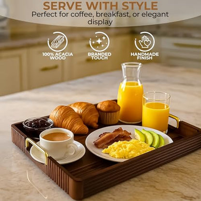 Acacia Wood Serving Tray with Metal Handle, 17x13in Tray for Ottoman - color: Dark Acacia / Gold Handle, size: 17” × 13” × 2”