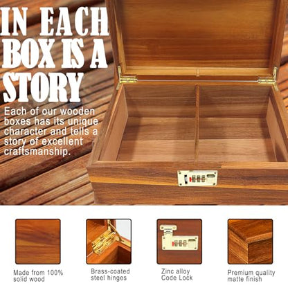 Large Wood Box Decorative Acacia Wooden Storage Box with Combination Lock With Adjustable Divider Wooden Keepsake Box with Hinged Lid Chest Stash Boxes Decorative Lockable Chest Box(Secret Grid) - style: Code Lock with partition
