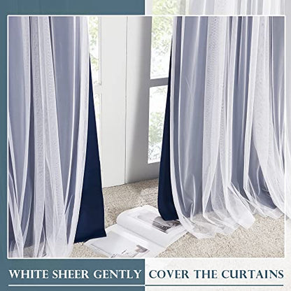 PONY DANCE Navy Blue Curtains Blackout - Room Darkening Curtains with Sheer Elegance Drapery Layered Drapes Mix and Match for Living Room/Kids Bedroom (Set of 2, 52x84 inch, Free Tie-Backs) - color: Navy Blue, size: 52"W x 84"L (Pack of 2)