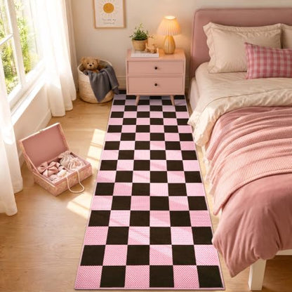 GarveeHome Checkered Brown Pink 2x6 Washable Low-Pile Kitchen Runner Rug - color: Brown Pink, size: 2' x 6' (Rectangular)
