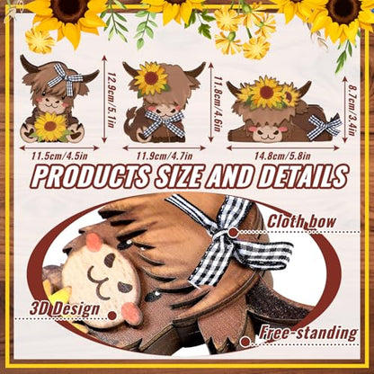 GlikCeil 3 Pcs Sunflower Highland Cow Table Decorations Wooden Centerpiece - style: Sunflower