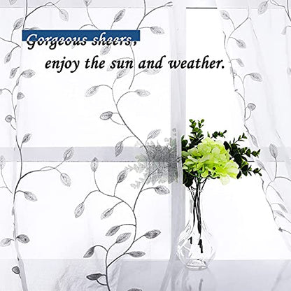 MRTREES Sheer Voile Curtain Valances 2 Panels, Leaves Embroidered Valance Curtains Rod Pocket, Small Sheer Window Curtains Treatment for Bedroom/Living Room/Kitchen/Basement(Grey Leaves, 54x16 Inches) - color: Leaves-grey