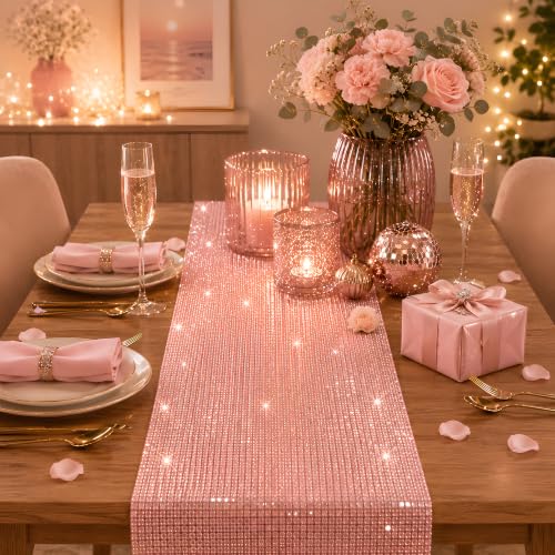 Disco Party Decorations - Pink Glitter Disco Table Runner - color: Pink Sequin Glitter