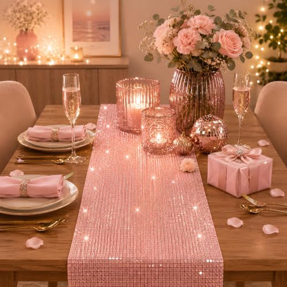 Disco Party Decorations - Pink Glitter Disco Table Runner - color: Pink Sequin Glitter