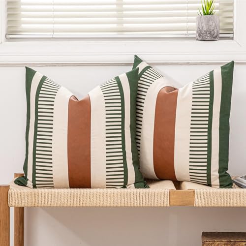 Decorative Farmhouse Throw Pillow Covers 18x18 Accent Faux Leather Pillowcase Rustic Boho Decor,Olive Green and Beige (Cover ONLY, Pack of 2) - color: Olive Green and Beige, size: 18" x 18" (Pack of 2)