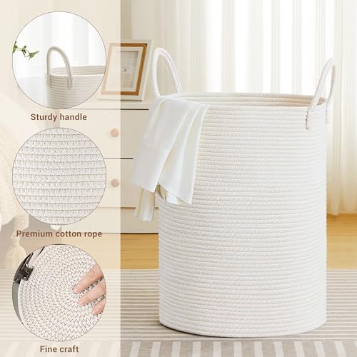 100L Extra Large Tall Cotton Rope Laundry Basket with Handle, White - color: White, size: 100L