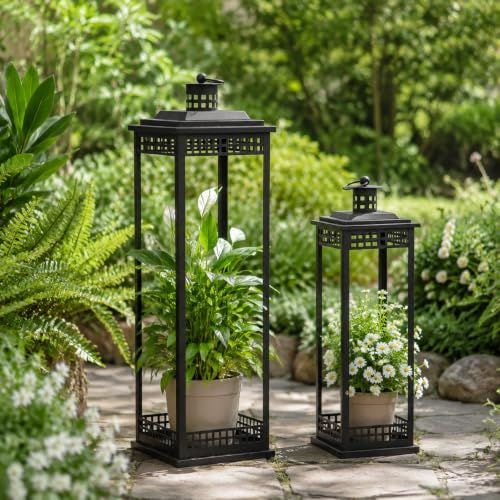 Large Lanterns Decorative Indoor, 2 Pcs Black Floor Lanterns with Candles - size: 23in and 17in