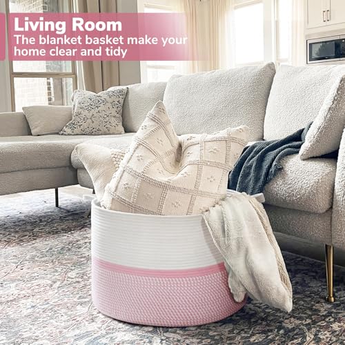 CHICVITA XXL Cotton Rope Woven Blanket Basket with Handles, Pink - color: Pink