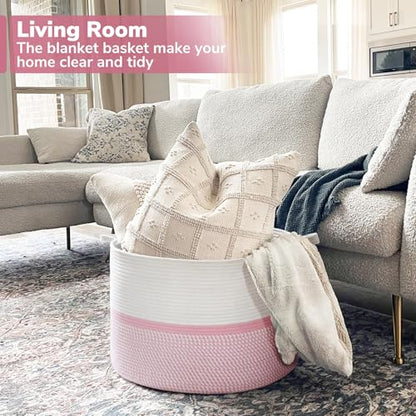 CHICVITA XXL Cotton Rope Woven Blanket Basket with Handles, Pink - color: Pink
