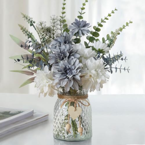 Leftover Fake Flowers with Vase,Silk Dahlia Flowers,Artificial Flowers in Vase,Centerpiece Table Decorations,Flower Centerpieces for Tables,Kitchen Table Decor,Coffee Table Decor - color: Grey Blue