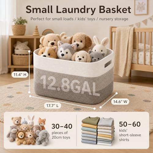 Cotton Rope Laundry Basket Small, 12.8GAL Collapsible Woven Storage Baskets for Living Room Kids Toys Stuffed Animal,Boho Rectangular Decorative Short Hamper for Dirty Clothes Blankets Gradient Brown - color: GradientBrown, size: 12.8GAL