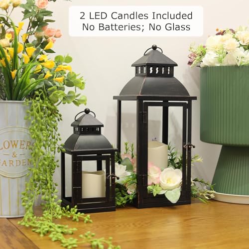 LED 랜턴 장식 야외 및 실내, 2개 세트 (43.2cm(17인치) 및 27.9cm(11인치)) 대형 블랙 메탈 랜턴 장식, 브론즈 브러시 포함, 현관, 파티오, 정원, 발코니, 웨딩 장식용 캔들 홀더(유리 없음) - color: 블랙 브러시 포함 / 43.2cm(17인치)+27.9