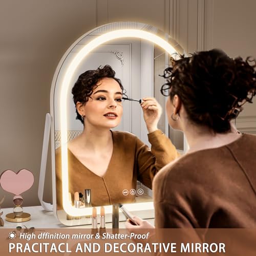 Hasipu Vanity Mirror with Lights, 11"× 14" Arched LED Makeup Mirror, Lighted Makeup Mirror with Lights, Smart Touch Control Dimmable 3 Modes Light 360°Rotation White - size: 11"L x 14"W