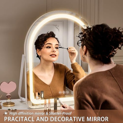 Hasipu Vanity Mirror with Lights, 11"× 14" Arched LED Makeup Mirror, Lighted Makeup Mirror with Lights, Smart Touch Control Dimmable 3 Modes Light 360°Rotation White - size: 11"L x 14"W