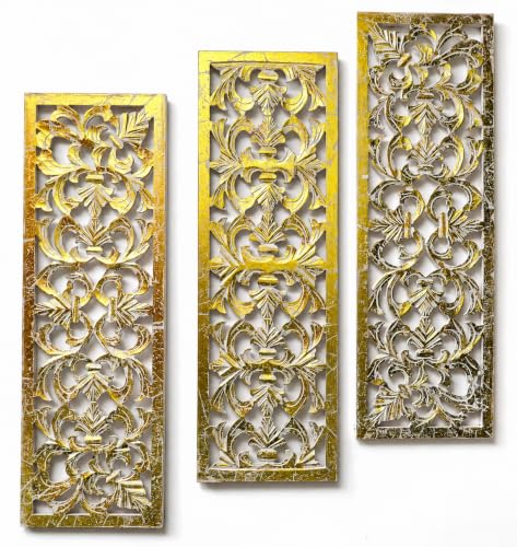 The Wooden Town Wall Art Decor Set of 3-36x12 Decorative Wall Art Panels, Gold Foil on White Wood - Elegant Sculpture Wall Décor for Living Room, Bedroom, Office, or Entryway - color: White, size: 36"L x 12"W