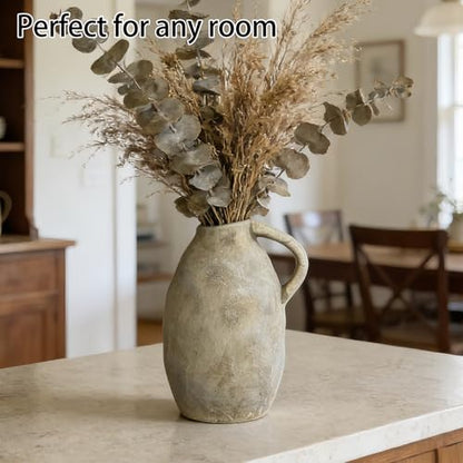 Rustic Ceramic Vase with Handle, 10.3 Inch, Handmade Decor, Beige - color: Beige
