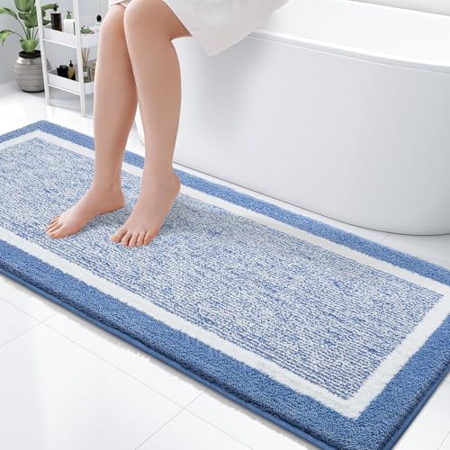 OLANLY Bathroom Runner Rugs 59x24, Extra Long Bath Mats for Bathroom, Blue - color: Blue and White, size: 59" X 24"