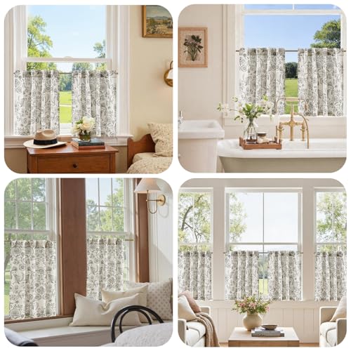 jinchan Linen Floral Kitchen Tier Curtains 30 Inch 2 Panels Grey on Beige - color: Classic | Grey on Beige, size: 26"W x 30"L (Pack of 2)
