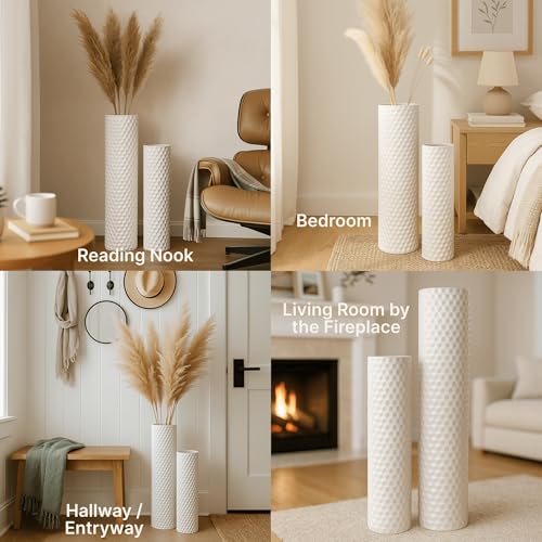Leewadee Set of 2 Large Floor Vases Metal for Pampas Grass - color: White