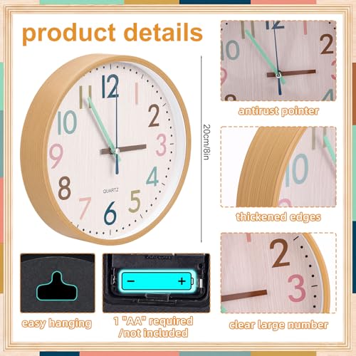 Qunclay Boho Classroom Wall Clock Colorful Fun 8 Inch Silent Non-Ticking