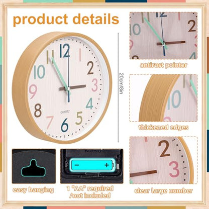 Qunclay Boho Classroom Wall Clock Colorful Fun 8 Inch Silent Non-Ticking