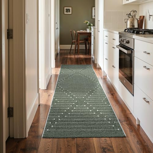 LIVEBOX 2x6 Green Entryway Runner Rug, Hallway Kitchen Cotton Woven Runners, Washable Narrow Rugs for Laundry Room (Dark Green & White) - color: Dark Green & White, size: 2' x 6' (Runner)