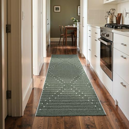 LIVEBOX 2x6 Green Entryway Runner Rug, Hallway Kitchen Cotton Woven Runners, Washable Narrow Rugs for Laundry Room (Dark Green & White) - color: Dark Green & White, size: 2' x 6' (Runner)