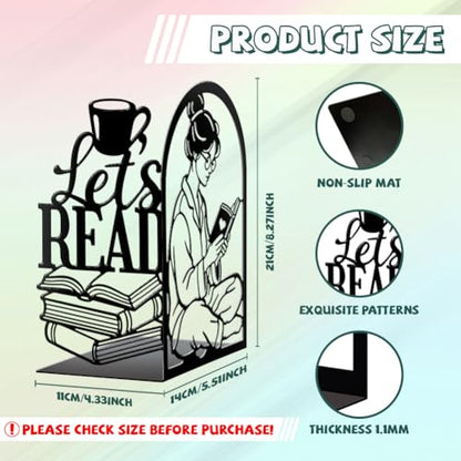 Peacoblue 5.5"x4.3"x8.3" Metal Bookends, Heavy Duty Book Ends for Shelves - style: Girl Reading Books