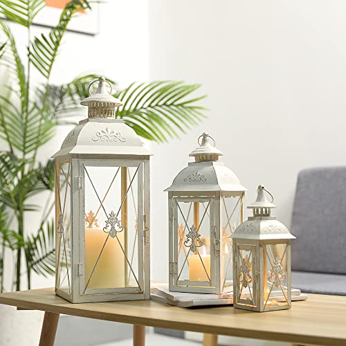 TRIROCKS 3-Pack Decorative Lanterns - 19" Vintage Metal Candle Holders with Tempered Glass - Perfect for Christmas, Living Room, Garden, Patio, Indoor & Outdoor Events (White with Gold Brush Finish) - color: White, size: Set of 3