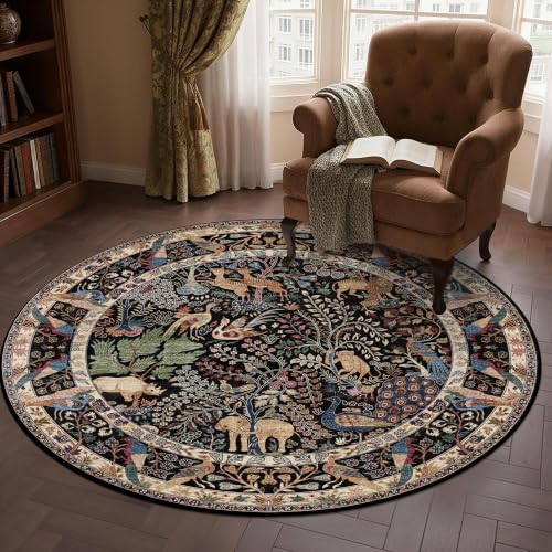 4ft Round Rug Circular Animal Print Area Rug Low Pile Indoor Rug - color: Black/Multi, size: 4' (Round)