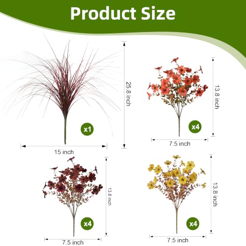 Ivydale Artificial Mums Flowers for Outdoors 12 Pcs + Burgundy Grass - color: Orange Yellow Brownish-red