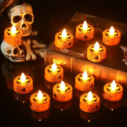 GenSwin Pumpkin Spiderweb Halloween Flameless Candle Battery Operated Timer - color: 12-Orange