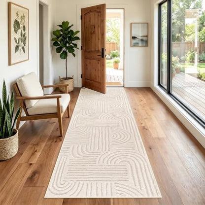 Etwel 2x6 Beige Modern Geometric Textured High-Low Pile Washable Runner Rug - color: Neutral Beige, size: 2' x 6'