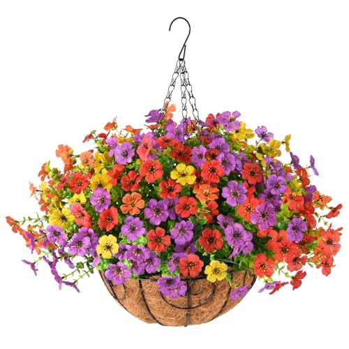 Artificial Hanging Flowers Basket for Outdoor, UV Resistant Plants Daisy - color: Multi Color