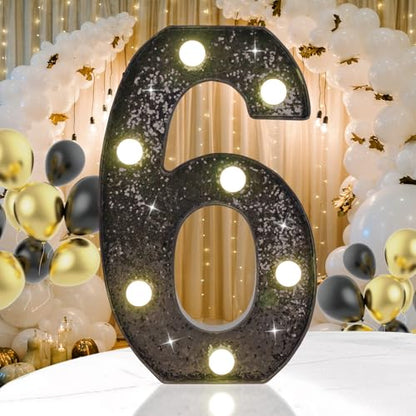 Black Glitter LED Marquee Number 6, Warm White Light Decor Sign - size: Number-6
