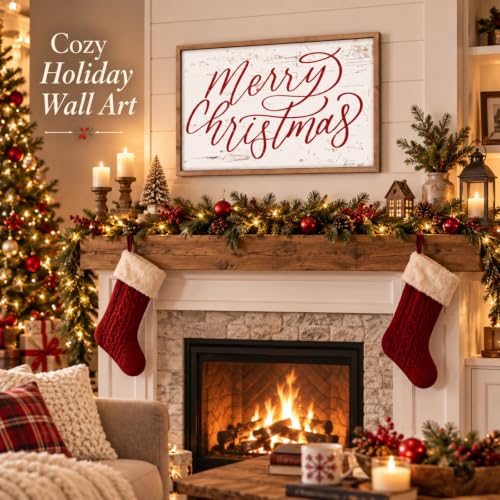 Merry Christmas Wall Decor Art, 23.6"×15.7" Large Wooden Sign - color: white-red