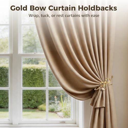 2PCS Metal Bow Curtain Holdbacks, Gold Wall Mounted Curtain Hold Backs