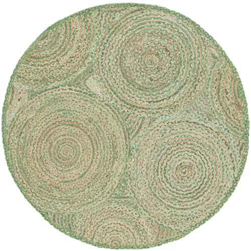 SAFAVIEH Cape Cod Collection Area Rug - 4' Round, Green & Natural, Handmade Boho Braided Circles Jute & Cotton, Ideal for the Living Room, Bedroom, Dining Room (CAP203Y-4R) - color: Green/Natural, size: 4' (Round)