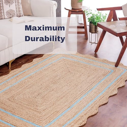 Wave Scalloped Jute Rug Entryway Natural Boho Area Rug Sky Blue 2'x4' - color: Sky Blue, size: 2'x4'