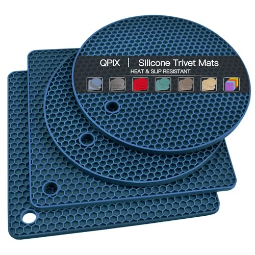 Silicone Trivets for Hot Dishes, 4 PCS Multipurpose Heat Resistant Mat Thick Silicone Hot Pads Pot Holders for Kitchen Counter, Flexible Jar Opener Food Grade Spoon Holder, Indigo Coasters - color: 01 Indigo, size: 7x7in