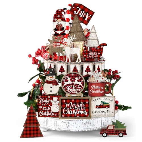 Shellwei 21 Pcs Christmas Tiered Tray Decor Set Wood Rustic Buffalo Plaid Christmas Decoration Winter Farmhouse Decor Xmas Trees Gnome Elk Snowflake Signs for Table Shelf Home Centerpiece (Plaid) - style: Plaid