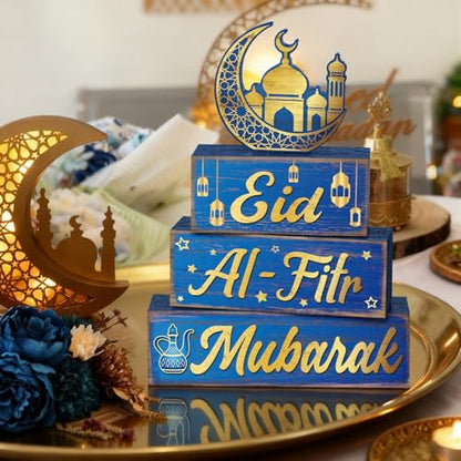 Yousoontic 4 Pcs Eid Mubarak Wooden Table Decor, Ramadan Mubarak Tiered Blocks Islamic Muslim Tabletop Decorations, Moon and Lantern Design, Blue and Gold Eid Table Centerpiece for Home Office - style: Ramadan